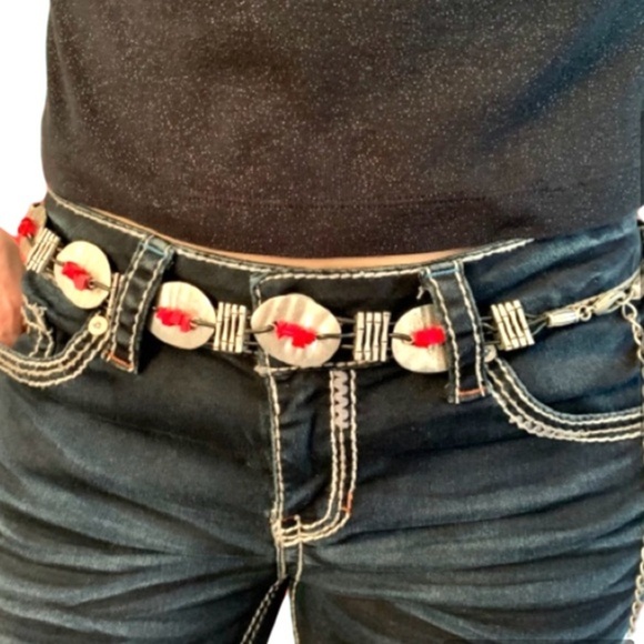 Vintage belt silver toned discs red beads black cords EUC - Picture 2 of 10
